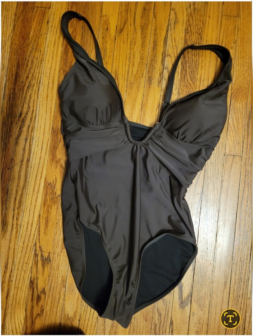 Sz 8 / S / M Simon Chang Dark Brown V-neck One-Piece Swimsuit